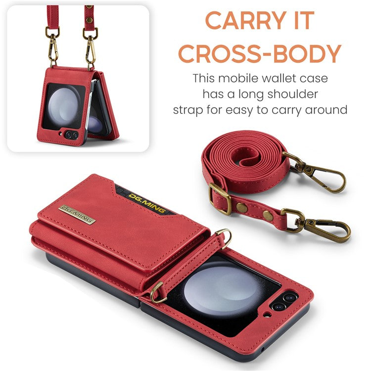 DG.MING M2 Series for Samsung Galaxy Z Flip5 5G Leather Coated+PC Phone Case Magnetic Kickstand Cover Card Holder - Red