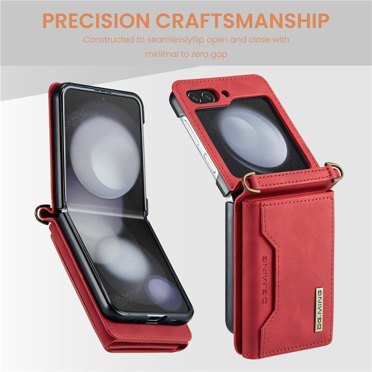 DG.MING M2 Series for Samsung Galaxy Z Flip5 5G Leather Coated+PC Phone Case Magnetic Kickstand Cover Card Holder - Red