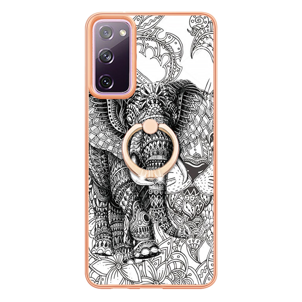 YB IMD Series-20 Style D 2.0mm TPU Soft Shell for Samsung Galaxy S20 FE 4G / FE 5G / S20 Lite / S20 FE 2022 , IMD Kickstand Electroplated Phone Cover - Totem Elephant