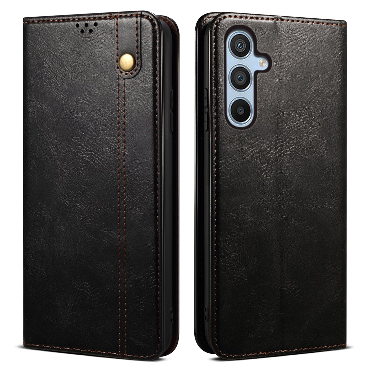 For Samsung Galaxy M34 5G / F34 5G Stand Wallet Case Waxy Crazy Horse Texture PU Leather Phone Shell Cover - Black