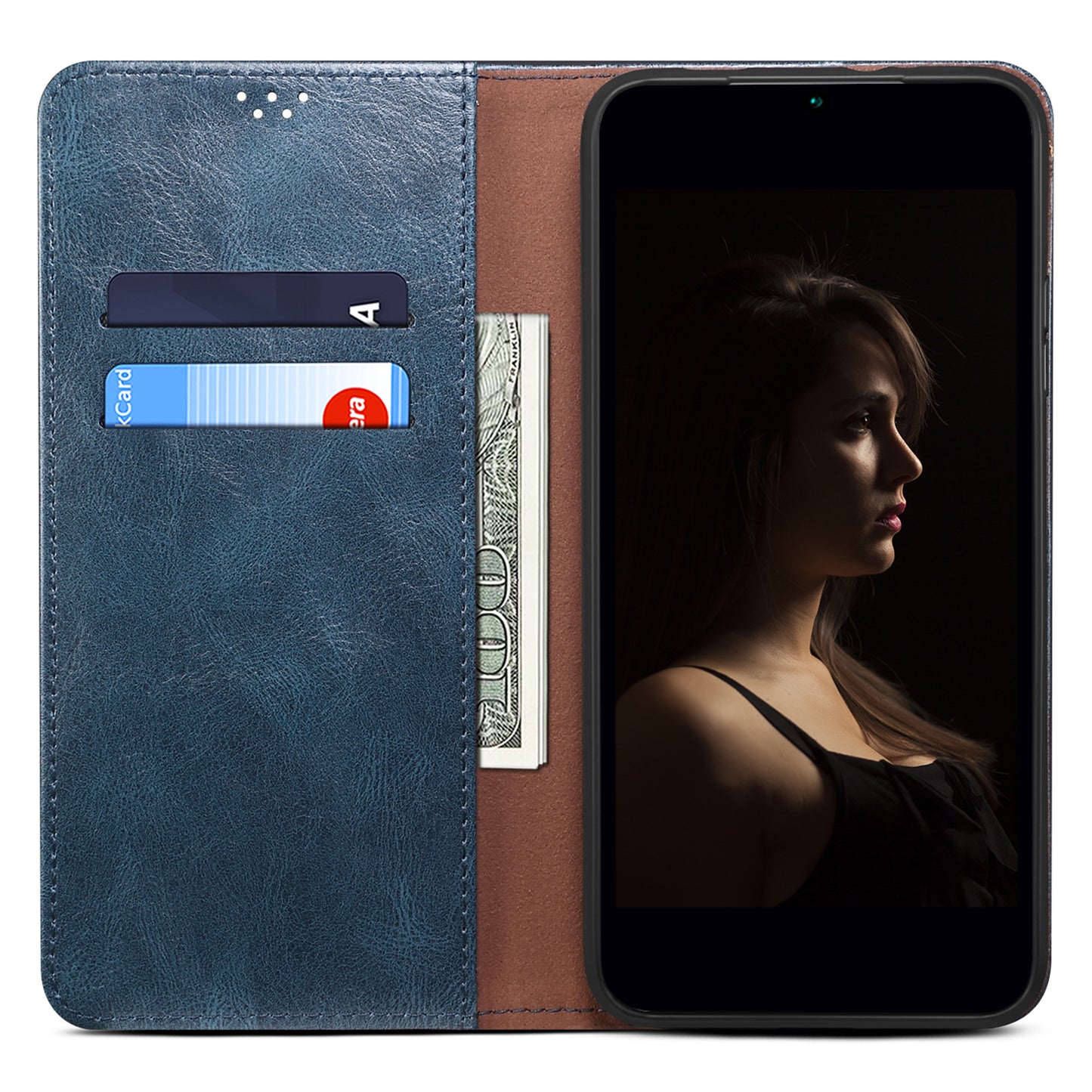 For Samsung Galaxy M34 5G / F34 5G Stand Wallet Case Waxy Crazy Horse Texture PU Leather Phone Shell Cover - Blue