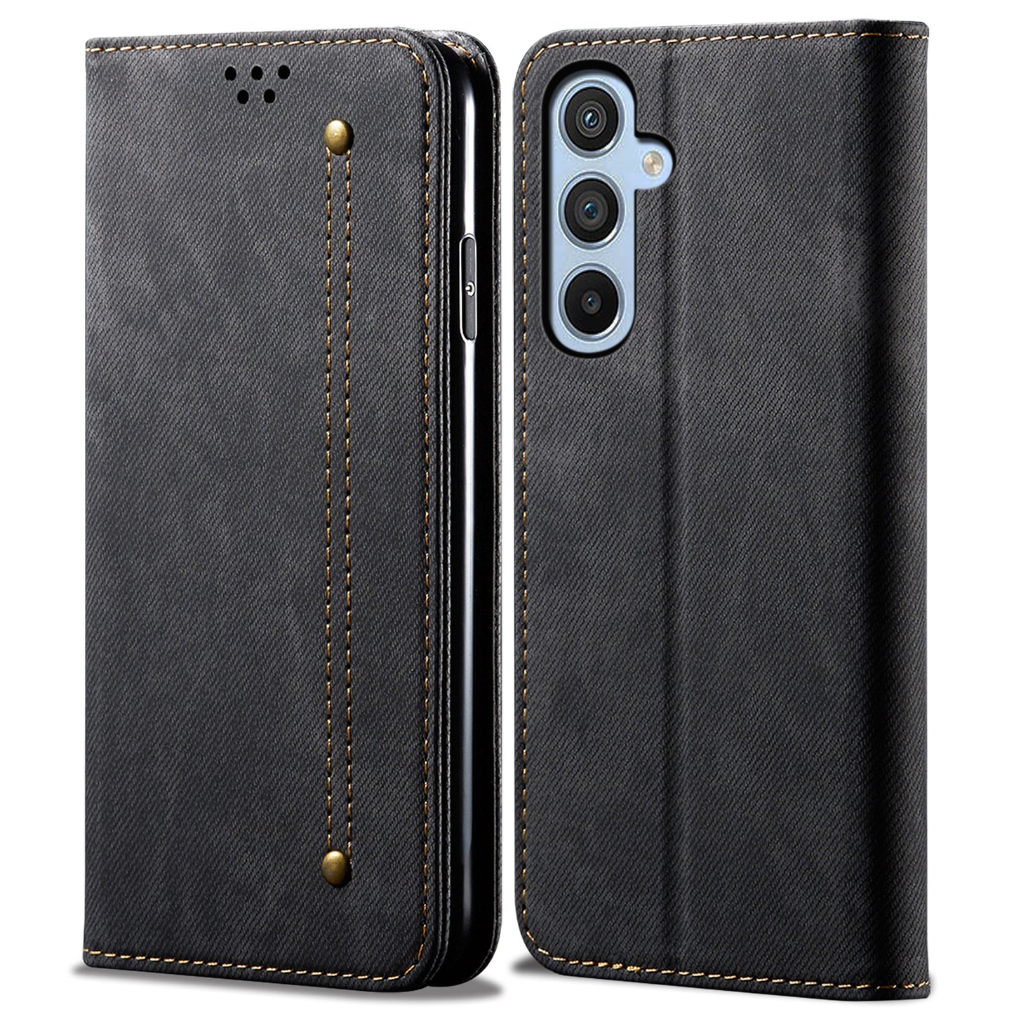 For Samsung Galaxy M34 5G / F34 5G Jeans Cloth Texture Phone Stand Cover Wallet Phone Case PU Leather Shell - Black