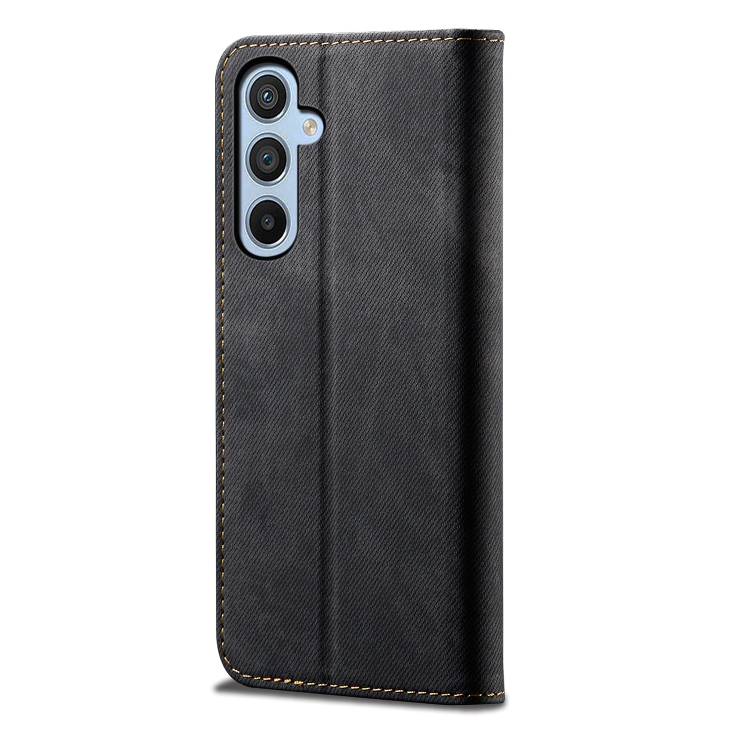 For Samsung Galaxy M34 5G / F34 5G Jeans Cloth Texture Phone Stand Cover Wallet Phone Case PU Leather Shell - Black