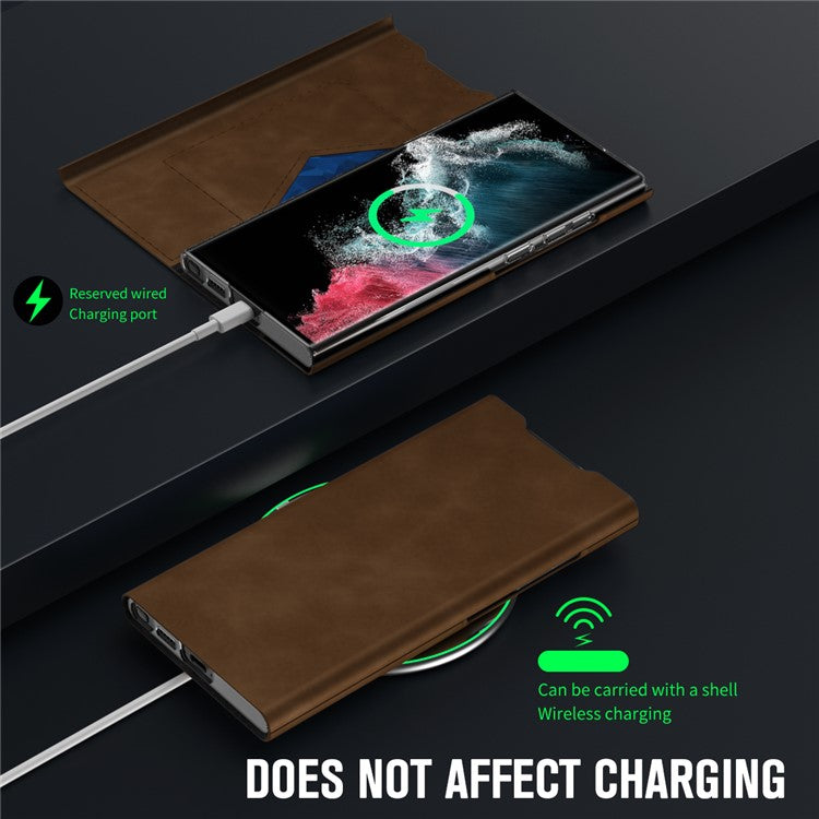 For Samsung Galaxy S23 Ultra Card Holder PU Leather + PC Phone Case Nappa Texture Stand Cover - Brown