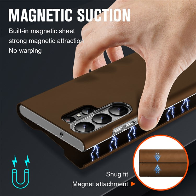 For Samsung Galaxy S23 Ultra Card Holder PU Leather + PC Phone Case Nappa Texture Stand Cover - Brown