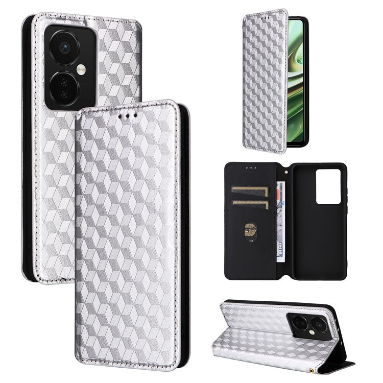 For Oppo K11 5G / OnePlus Nord CE3 5G Imprinted Rhombus Wallet Phone Case Dustproof PU Leather Stand Cover - Silver