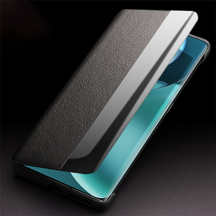 QIALINO for Honor Magic4 Pro 5G Genuine Cow Leather PC Phone Cover View Window Folio Flip Case - Black