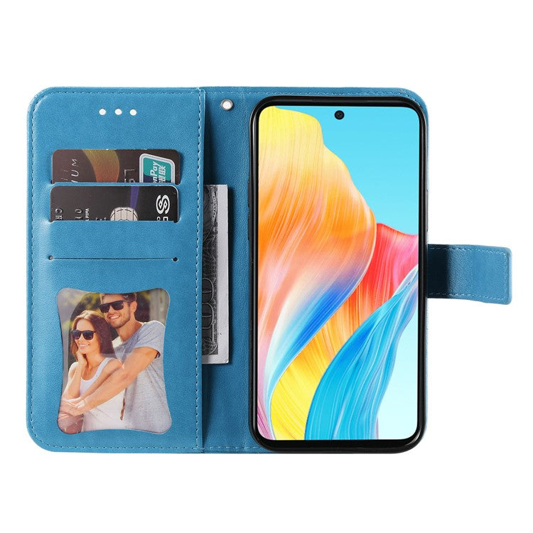 Wallet Stand Cover for Oppo A58 4G , Anti-Scratch Flower Imprint PU Leather Wallet Phone Case - Blue