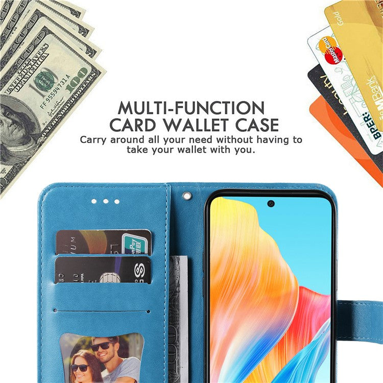 Wallet Stand Cover for Oppo A58 4G , Anti-Scratch Flower Imprint PU Leather Wallet Phone Case - Blue