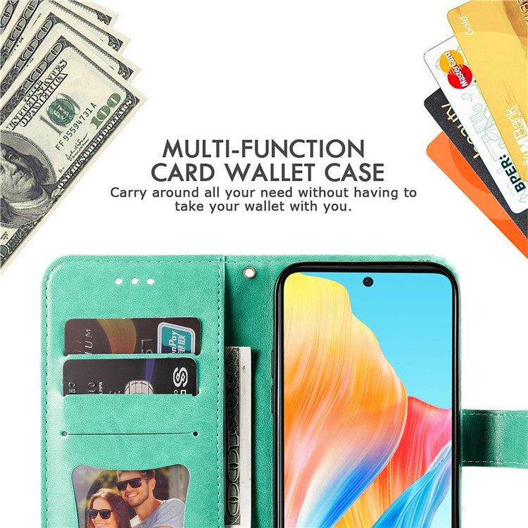 Wallet Stand Cover for Oppo A58 4G , Anti-Scratch Flower Imprint PU Leather Wallet Phone Case - Green
