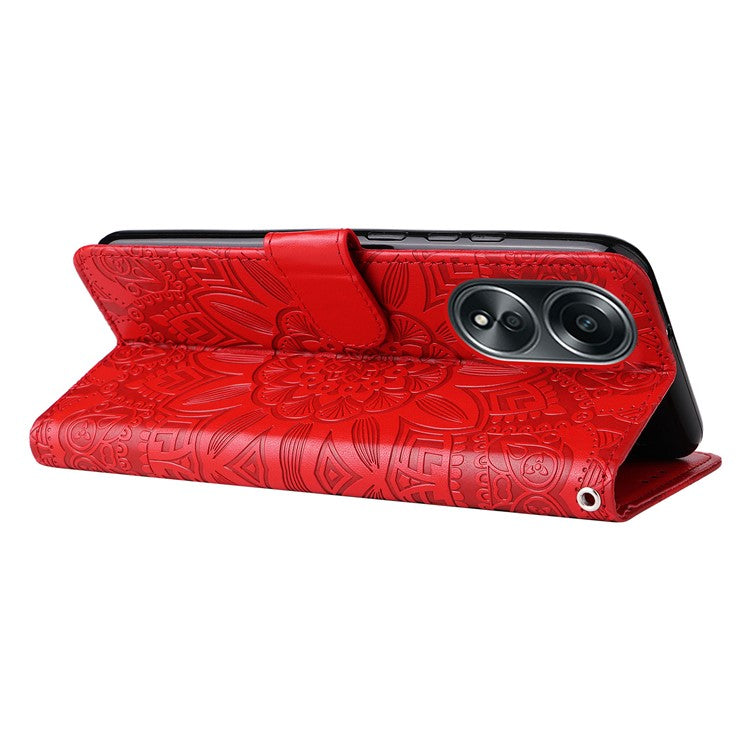 Mobile Phone Case for Oppo A58 4G , Wallet Stand Shell PU Leather Sunflower Imprinted Phone Cover - Red
