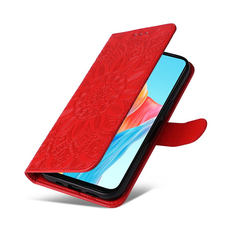 Mobile Phone Case for Oppo A58 4G , Wallet Stand Shell PU Leather Sunflower Imprinted Phone Cover - Red