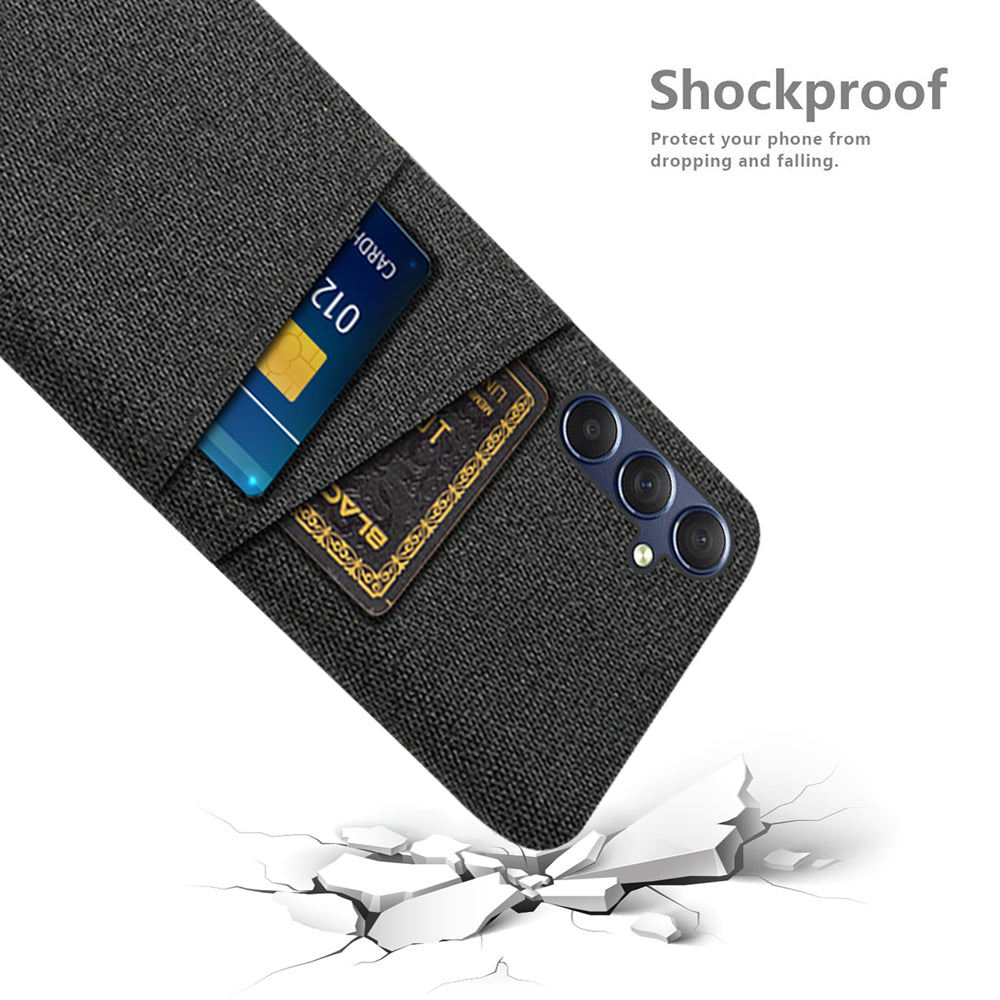 For Samsung Galaxy M34 5G / F34 5G Phone Cover Hard PC+Cloth Phone Case with Dual Card Holder - Black
