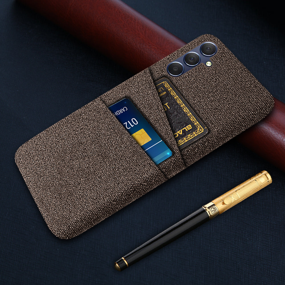 For Samsung Galaxy M34 5G / F34 5G Phone Cover Hard PC+Cloth Phone Case with Dual Card Holder - Brown
