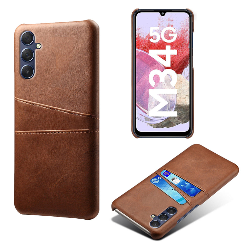 For Samsung Galaxy M34 5G / F34 5G Cell Phone Cover PU Leather Coated PC Protective Case with Dual Card Slots - Brown