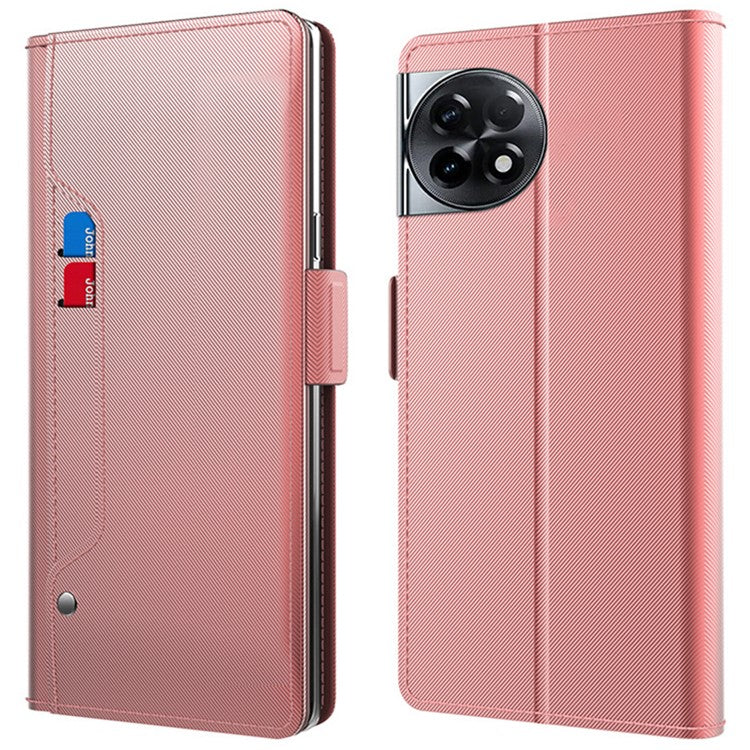 For OnePlus Ace 2 5G / 11R 5G Dustproof Shell Card Slot and Mirror PU Leather Cover Stand Phone Case - Rose Gold