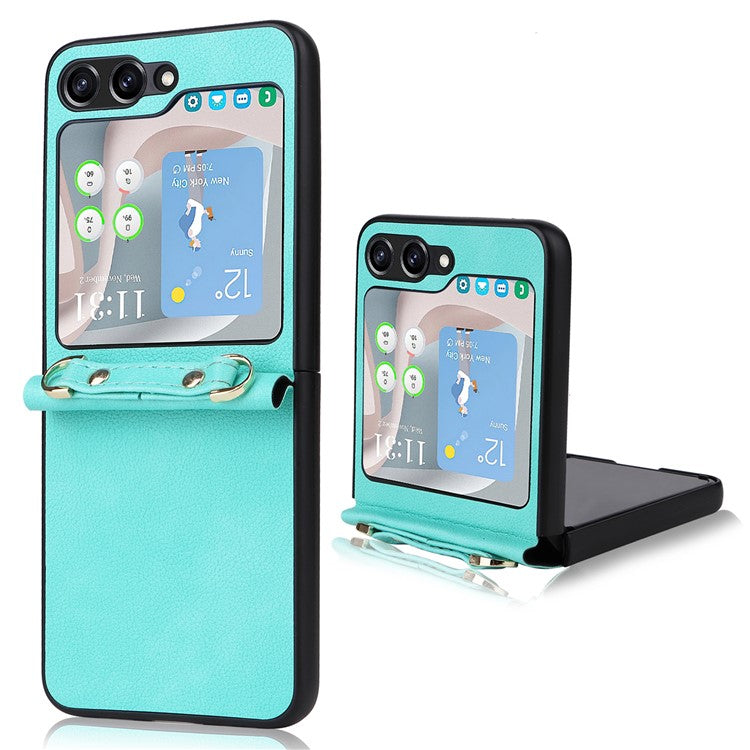 For Samsung Galaxy Z Flip5 5G One-Piece PU + PC Phone Case Cell Phone Protective Cover with Long Strap - Cyan