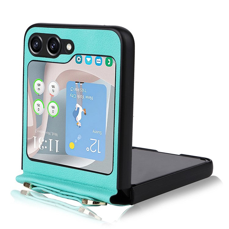 For Samsung Galaxy Z Flip5 5G One-Piece PU + PC Phone Case Cell Phone Protective Cover with Long Strap - Cyan