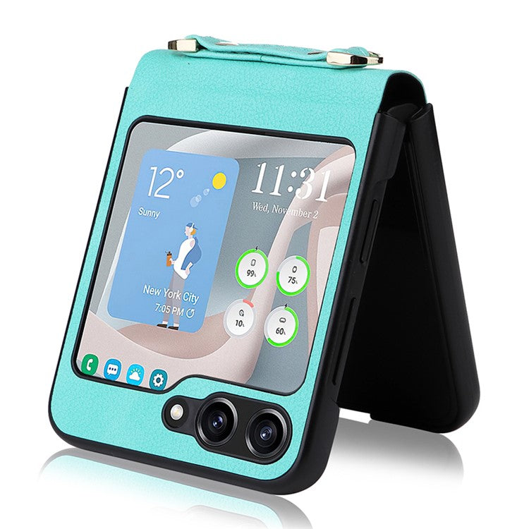 For Samsung Galaxy Z Flip5 5G One-Piece PU + PC Phone Case Cell Phone Protective Cover with Long Strap - Cyan