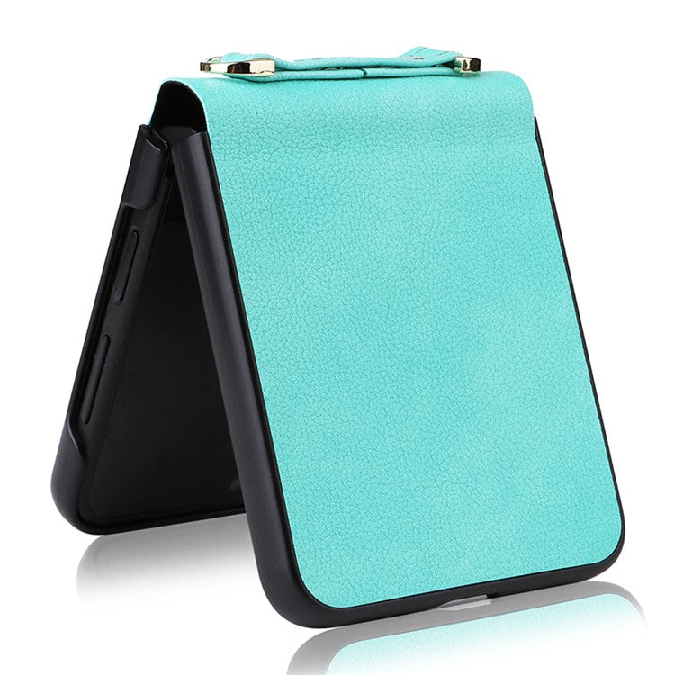 For Samsung Galaxy Z Flip5 5G One-Piece PU + PC Phone Case Cell Phone Protective Cover with Long Strap - Cyan