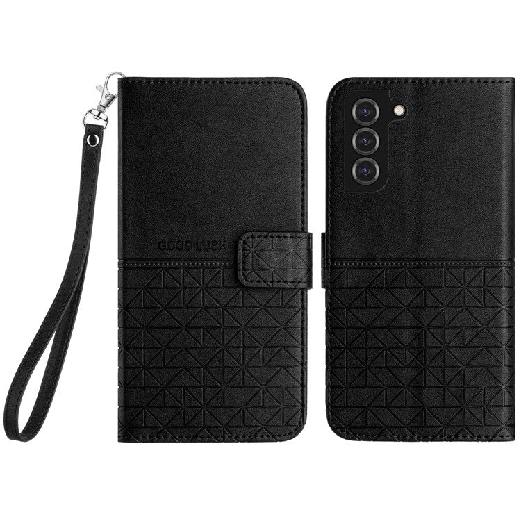 Geometric Imprinted Phone Case for Samsung Galaxy S22 5G , Microfiber Leather Stand Wallet Cover - Black