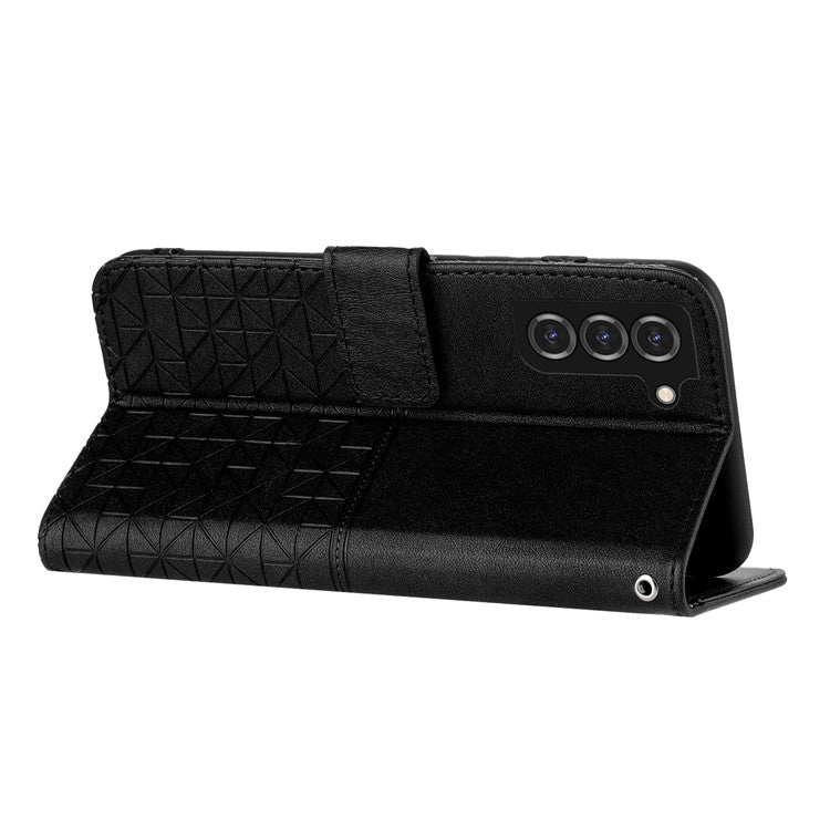 Geometric Imprinted Phone Case for Samsung Galaxy S22 5G , Microfiber Leather Stand Wallet Cover - Black