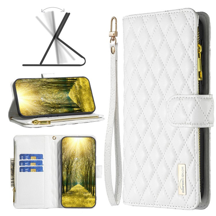 BINFEN COLOR BF Style-15 Flip Shell for Honor 50 , Zipper Pocket Leather Phone Case Wallet Stand Cover - White