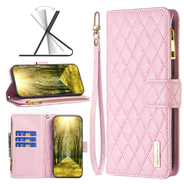 BINFEN COLOR BF Style-15 Flip Shell for Honor 50 , Zipper Pocket Leather Phone Case Wallet Stand Cover - Pink