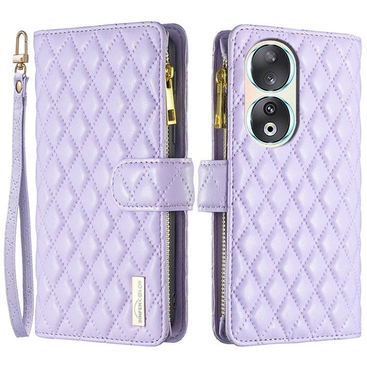 BINFEN COLOR BF Style-15 Flip Shell for Honor 50 , Zipper Pocket Leather Phone Case Wallet Stand Cover - Purple