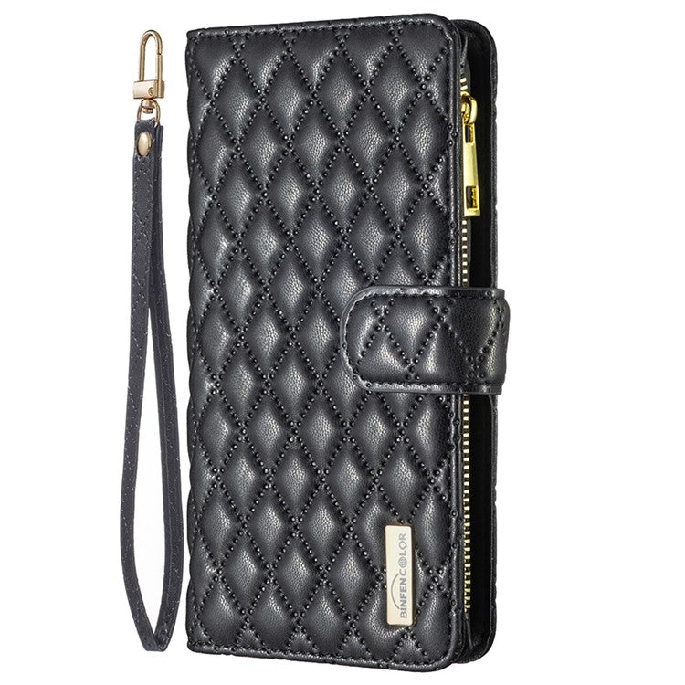 BINFEN COLOR BF Style-15 Flip Shell for Honor 50 , Zipper Pocket Leather Phone Case Wallet Stand Cover - Black