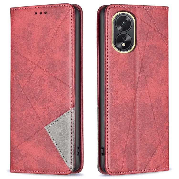 Phone Case for Oppo A38 , PU Leather Shell Imprinted Line Flip Phone Cover with Card Slots Stand Function - Red