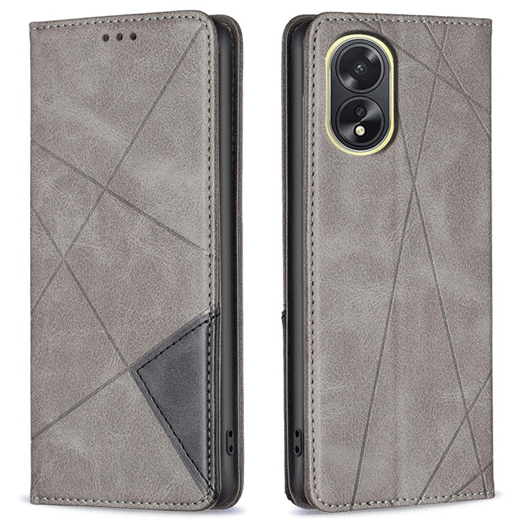Phone Case for Oppo A38 , PU Leather Shell Imprinted Line Flip Phone Cover with Card Slots Stand Function - Grey