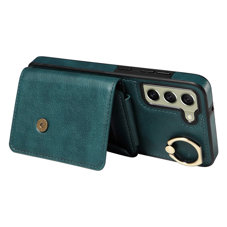 002 For Samsung Galaxy S21 FE 5G Card Bag Ring Kickstand Cover Litchi Texture Leather Coated TPU Anti-fall Phone Case with Shoulder Strap - Green