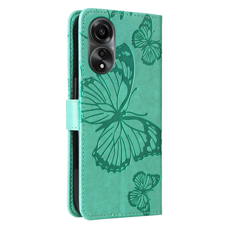 KT Imprinting Flower Series-2 Leather Case for Oppo A78 4G , Wallet Stand Imprinted Butterfly Phone Cover - Green