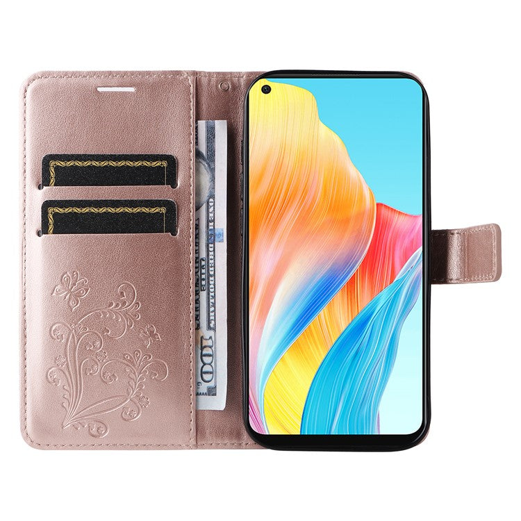 KT Imprinting Flower Series-2 Leather Case for Oppo A78 4G , Wallet Stand Imprinted Butterfly Phone Cover - Rose Gold