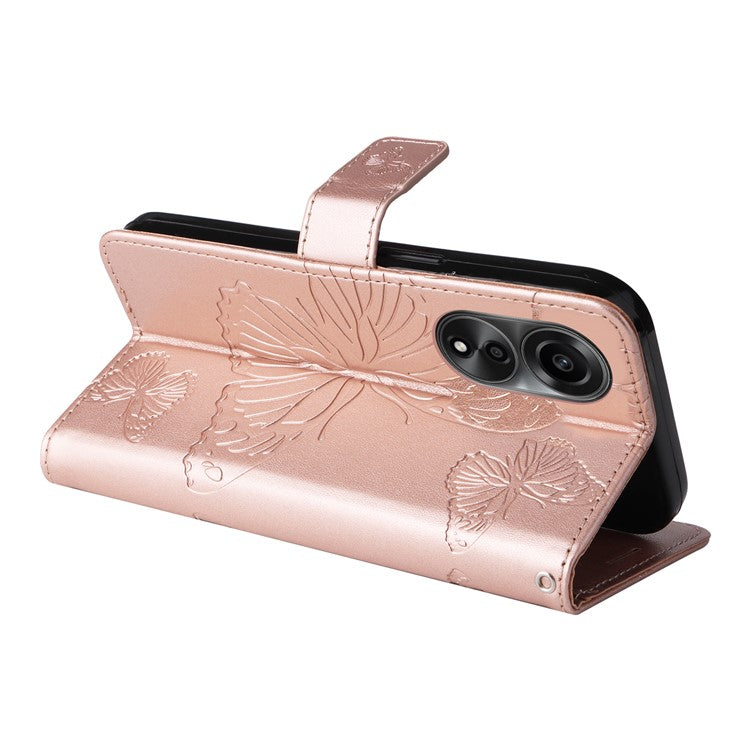 KT Imprinting Flower Series-2 Leather Case for Oppo A78 4G , Wallet Stand Imprinted Butterfly Phone Cover - Rose Gold