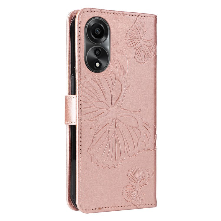 KT Imprinting Flower Series-2 Leather Case for Oppo A78 4G , Wallet Stand Imprinted Butterfly Phone Cover - Rose Gold