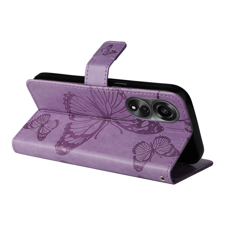 KT Imprinting Flower Series-2 Leather Case for Oppo A78 4G , Wallet Stand Imprinted Butterfly Phone Cover - Purple