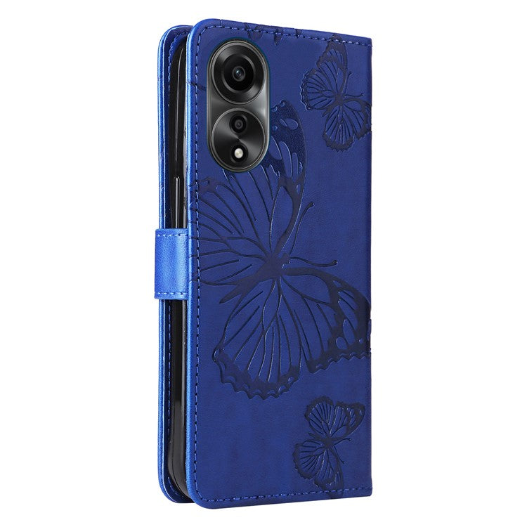 KT Imprinting Flower Series-2 Leather Case for Oppo A78 4G , Wallet Stand Imprinted Butterfly Phone Cover - Blue