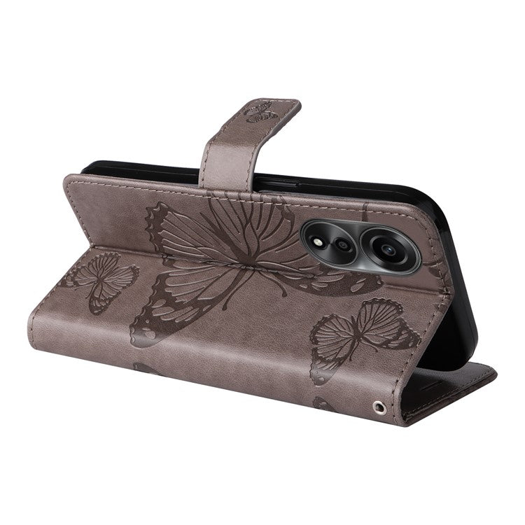 KT Imprinting Flower Series-2 Leather Case for Oppo A78 4G , Wallet Stand Imprinted Butterfly Phone Cover - Grey