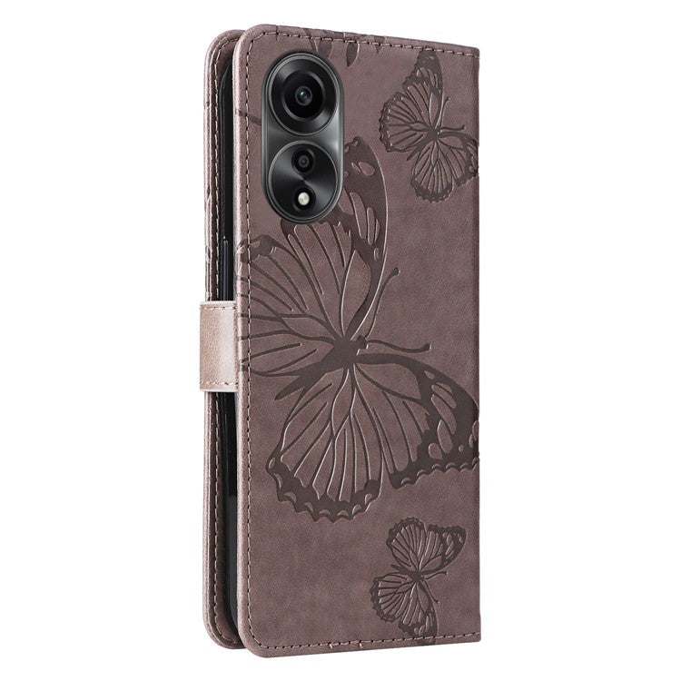 KT Imprinting Flower Series-2 Leather Case for Oppo A78 4G , Wallet Stand Imprinted Butterfly Phone Cover - Grey