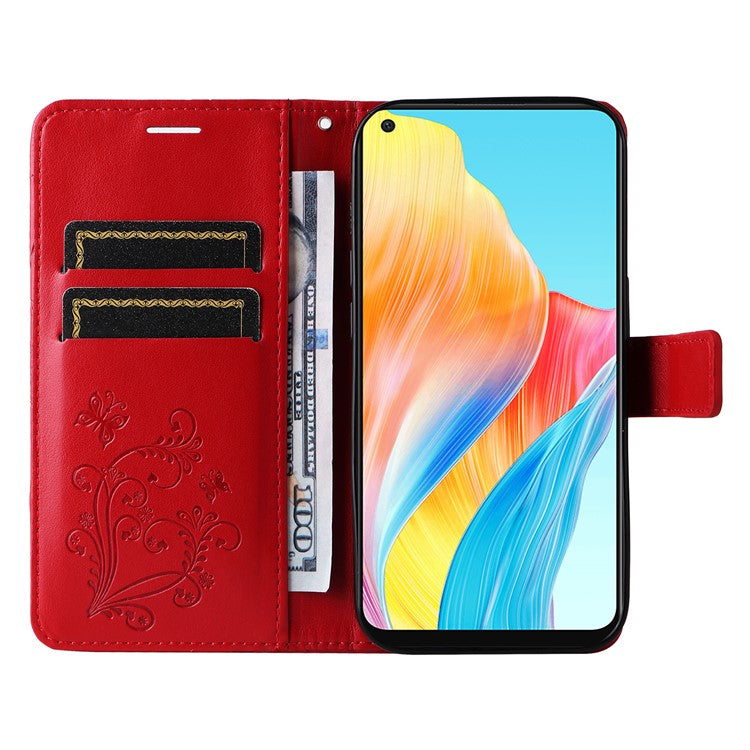 KT Imprinting Flower Series-2 Leather Case for Oppo A78 4G , Wallet Stand Imprinted Butterfly Phone Cover - Red