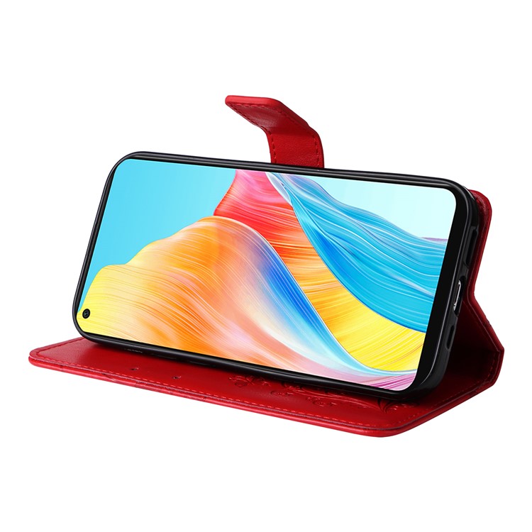 KT Imprinting Flower Series-2 Leather Case for Oppo A78 4G , Wallet Stand Imprinted Butterfly Phone Cover - Red