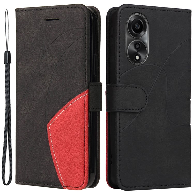 KT Leather Series-1 Dual-color Splicing Wallet Case for Oppo A78 4G , PU Leather Stand Phone Cover - Black