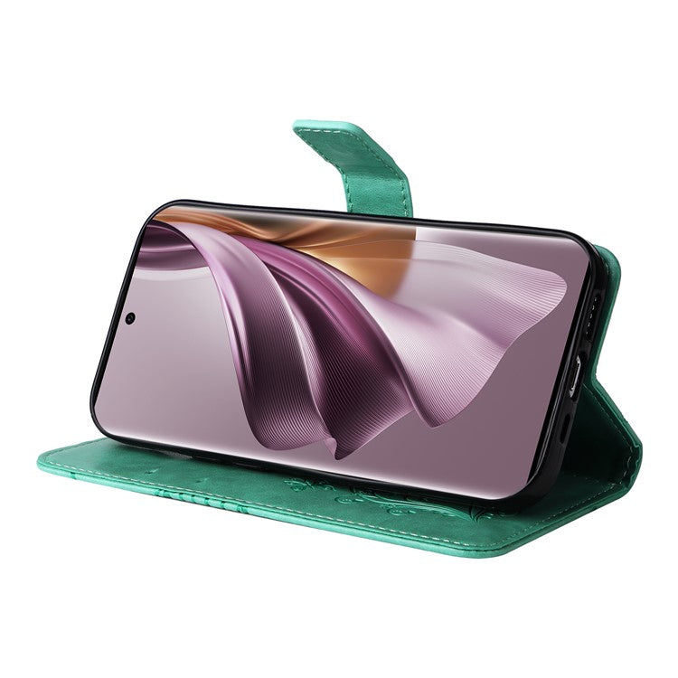 KT Imprinting Flower Series-2 For Oppo Reno10 5G (Global) / Reno10 Pro 5G (Global) Wallet Phone Case Imprinted Butterfly Leather Stand Cover - Green