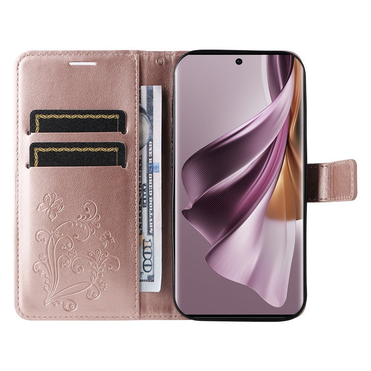 KT Imprinting Flower Series-2 For Oppo Reno10 5G (Global) / Reno10 Pro 5G (Global) Wallet Phone Case Imprinted Butterfly Leather Stand Cover - Rose Gold