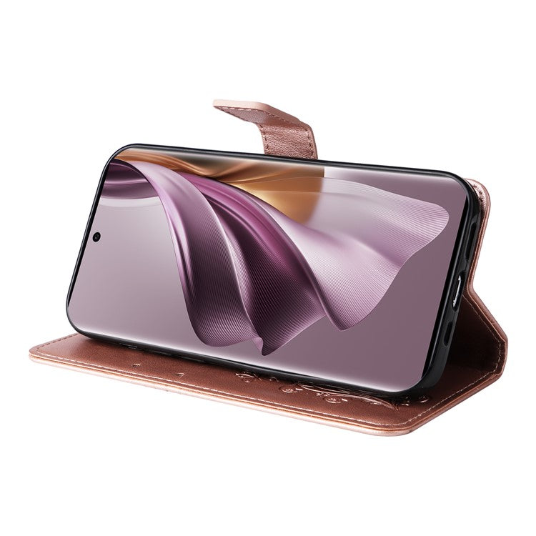 KT Imprinting Flower Series-2 For Oppo Reno10 5G (Global) / Reno10 Pro 5G (Global) Wallet Phone Case Imprinted Butterfly Leather Stand Cover - Rose Gold