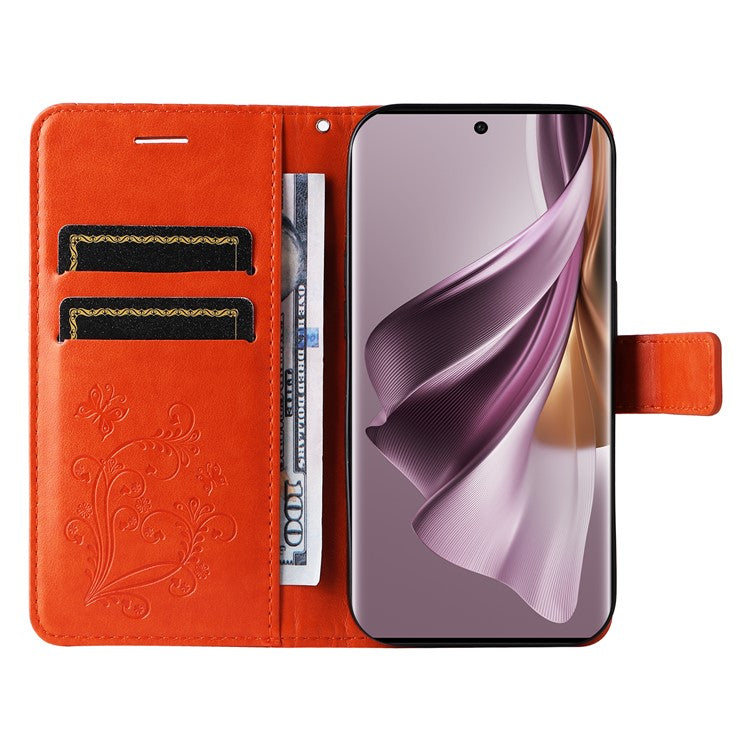 KT Imprinting Flower Series-2 For Oppo Reno10 5G (Global) / Reno10 Pro 5G (Global) Wallet Phone Case Imprinted Butterfly Leather Stand Cover - Orange