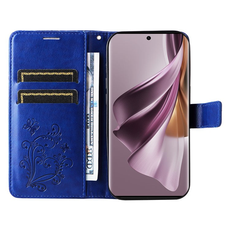 KT Imprinting Flower Series-2 For Oppo Reno10 5G (Global) / Reno10 Pro 5G (Global) Wallet Phone Case Imprinted Butterfly Leather Stand Cover - Blue