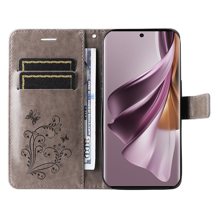 KT Imprinting Flower Series-2 For Oppo Reno10 5G (Global) / Reno10 Pro 5G (Global) Wallet Phone Case Imprinted Butterfly Leather Stand Cover - Grey